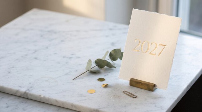 Gold foil 2027 on a deckled cotton card leaning on a brass block over veined white marble with eucalyptus and two confetti discs, representing festive elegant minimal new year card mockup concept