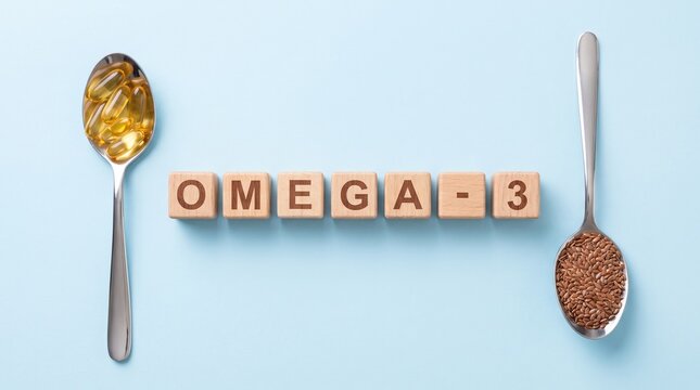 Omega 3 Health Concept with Wooden Letter Blocks, Fish Oil Capsules and Seeds on Blue Background