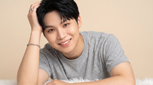 Portrait of smiling young asian man looking at camera, happy handsome male model with black hair in casual grey t-shirt, lifestyle photo on beige, positive emotions and joy