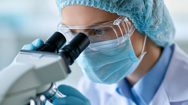 Faceless scientist looking through microscope in laboratory doing pharmaceutical research, defocused background, with copy space