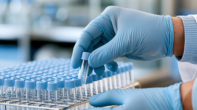 Close-up of hands sorting sample vials in cold storage laboratory rack, biobank research concept, defocused background, with copy space