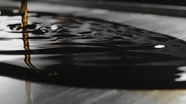 Motor oil pours onto a metallic surface creating ripples in the dark liquid.