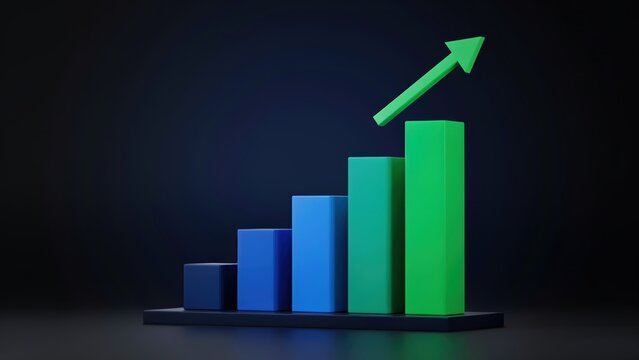 Financial growth bar chart with rising green arrow, 3D business success graph, blue and green statistical data visualization for market analysis