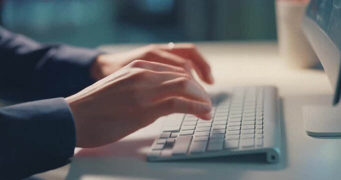 Business professional typing fast on modern silver wireless computer keyboard