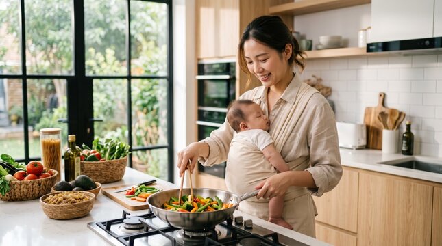 Mother cooking healthy vegetables in kitchen while holding sleeping baby in sling carrier, multitasking parenting lifestyle, homemade nutritious meal preparation, family care