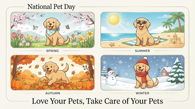 National Pet Day seasonal banner set, golden retriever puppy in four seasons, spring summer autumn winter dog illustrations for pet care