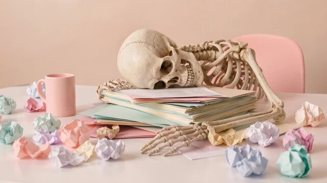 Skeleton at desk with crumpled paper and coffee mug, symbolizing burnout. A skeletal figure rests at a desk cluttered with papers and crumpled balls of paper