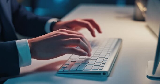 Person typing fast on modern computer keyboard in office