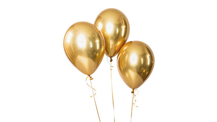 Three shiny golden helium balloons for birthday party celebration isolated on transparent background © Harry