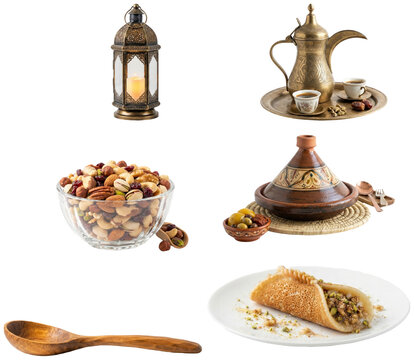 A collection of Middle Eastern Ramadan and iftar serving items with traditional dishes, lanterns, and coffee ware.