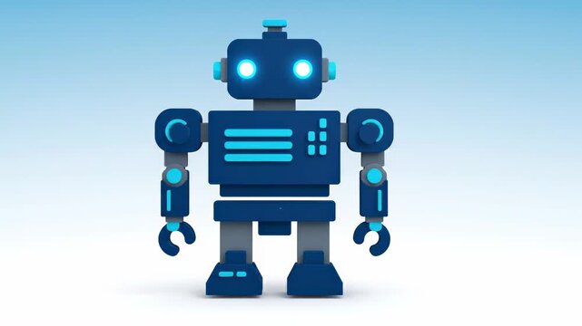 3D illustration of a friendly blue and gray toy robot with glowing eyes standing against a light blue background