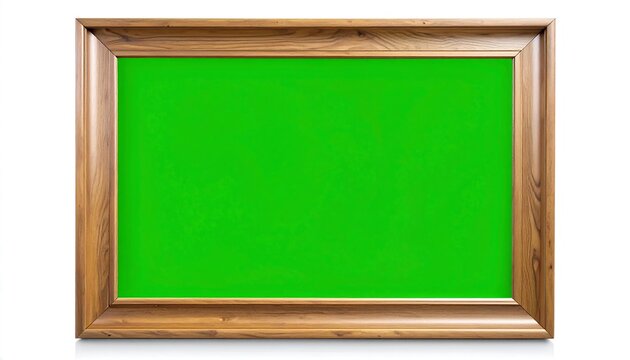 Empty Wooden Picture Frame with Green Screen Isolated on White Background.