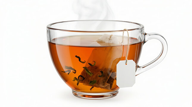 A clear glass cup of hot, steaming tea with a tea bag steeping in it on a white background.