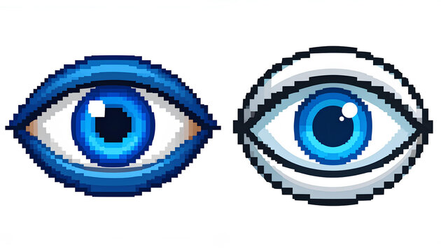 set pixel art illustration of human eyes icon with blue iris isolated on white background.
