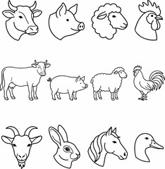 Obraz premium Set of hand drawn farm animal icons on white background