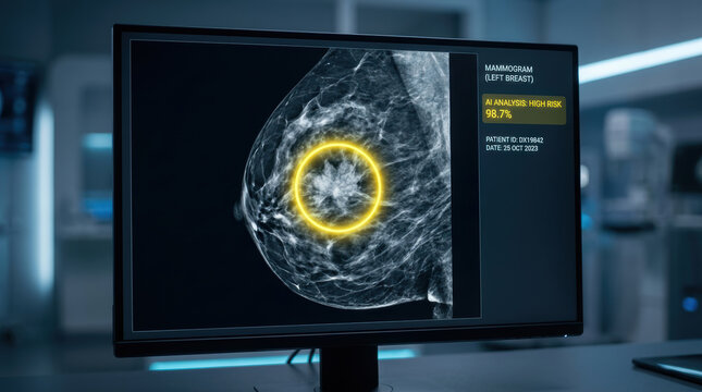 Breast mammogram scan on computer screen showing ai diagnostics highlighting high risk area for healthcare analysis in medical environment