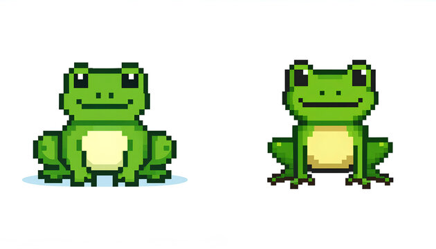 pixel art illustration of set cute green frog isolated on white background.
