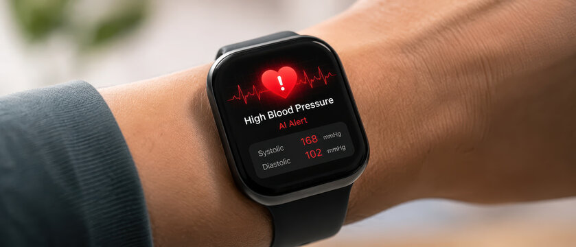 High blood pressure alert on smartwatch screen shows healthcare ai diagnostics for heart monitoring and health management with modern technology