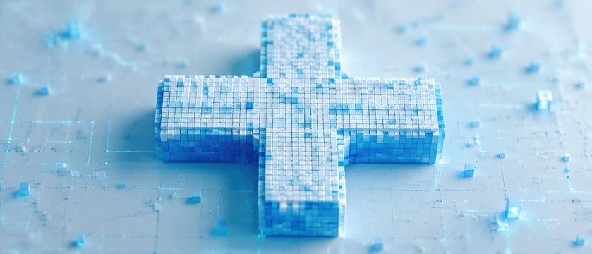 Healthcare ai diagnostics concept with 3d pixelated plus sign symbol representing medical technology and futuristic innovation in health industry