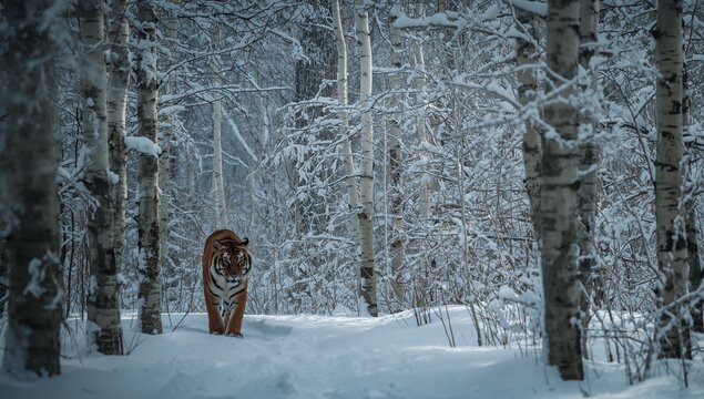 Siberian tiger walking through a snowy forest with birch trees
