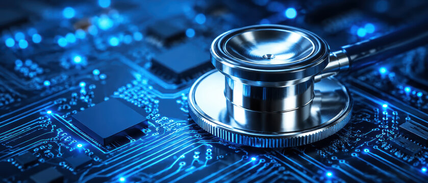 Healthcare innovation uses AI for diagnostics improving medical technology and patient care with advanced electronic circuit and stethoscope close