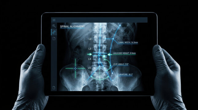 Spinal alignment diagnostics digital tablet with AI technology enhancing healthcare analysis for precise medical evaluation and treatment planning