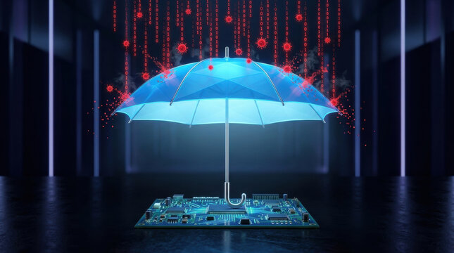 Artificial intelligence protects healthcare diagnostics from digital virus threats under glowing umbrella in futuristic setting