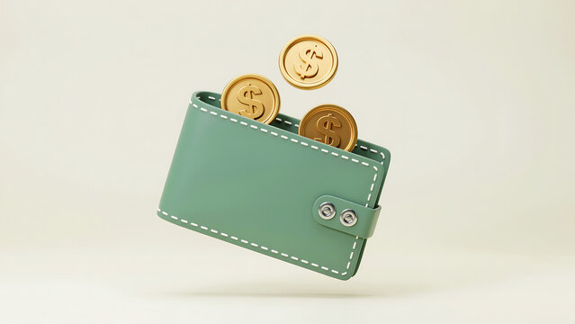 Green leather wallet with floating golden dollar coins investment currency