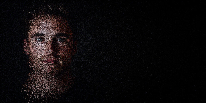 Digital ID Portrait of Man with Face made up of Code. Zero trust Concept with copy-space.