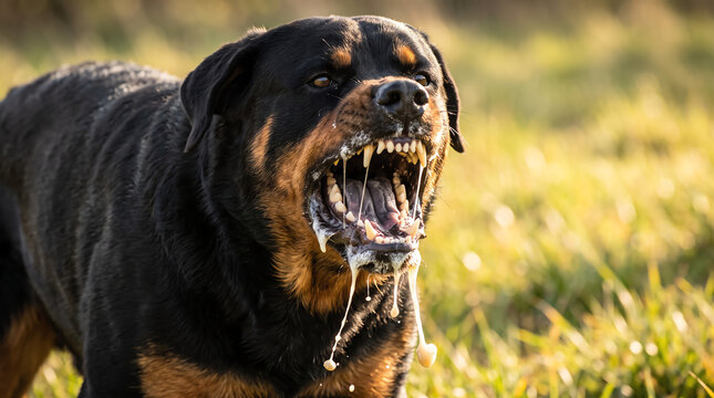Aggressive Rottweiler Dog Snarling with Bared Teeth and Drool Close Up