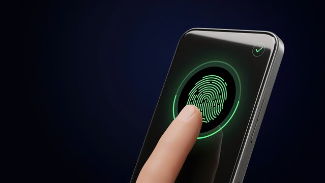 Biometric fingerprint scanner on smartphone screen, secure digital identity verification, mobile phone touch ID authentication for cyber security