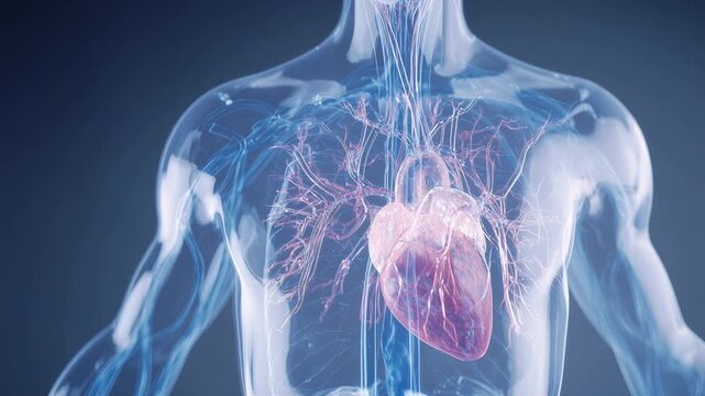 Detailed 3D animation of the human circulatory system and heart. Explore the intricate network of blood vessels and the central organ of circulation