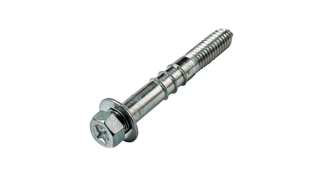 Metallic silver shiny steel industrial bolt screw hardware construction fastener isolated on transparent background