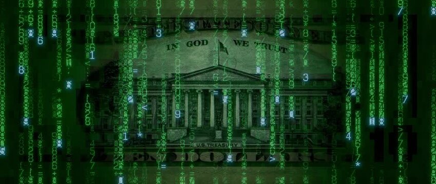 Digital Cash Concept with Ten Dollar Bill made up of Animated Numbers and Symbols. Innovative Banking Background.