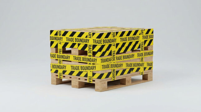 Wooden pallet wrapped with yellow tape marked trade boundary symbolizing global trade tariff wars concept in logistics and shipping