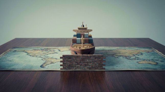 Container ship brick wall world map trade barrier global trade tariff wars import export shipping industry cargo transport international business