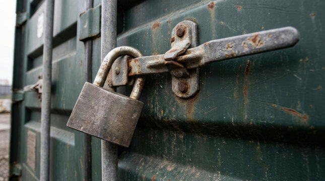 Rusty padlock metal container door symbolizes security and challenges global trade and tariff wars affecting international shipping and commerce