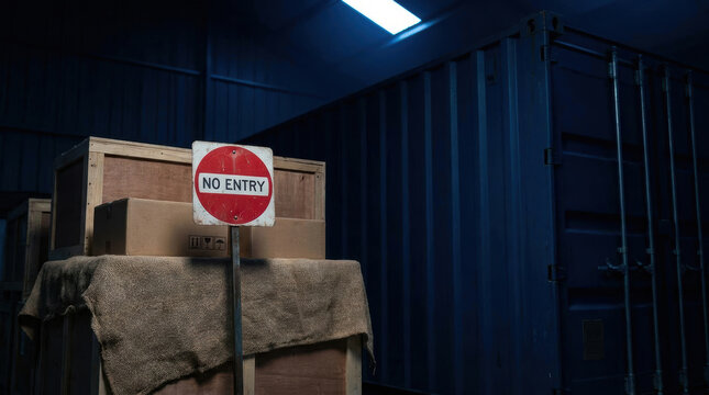 No entry sign in warehouse with wooden crate and container showing global trade challenges and tariff wars impact on shipping and storage