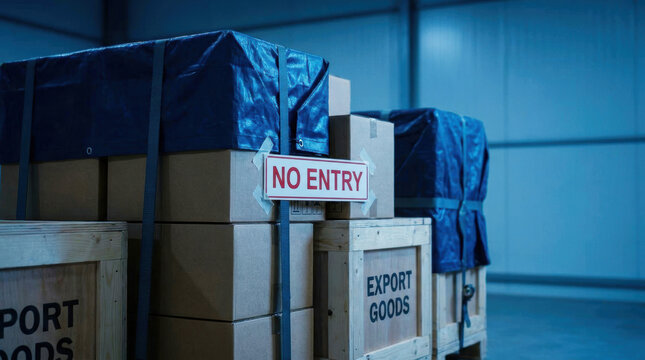 No entry sign on stacked export goods crates in warehouse showing global trade challenges amid tariff wars tension