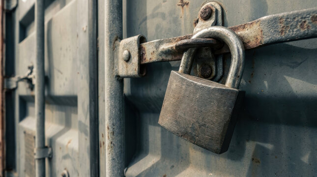 Rusty padlock on metal container door symbolizes global trade security amid tariff wars tension