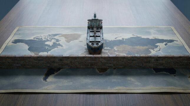 Global trade concept with cargo ship on world map and brick wall symbolizing tariff wars and trade barriers