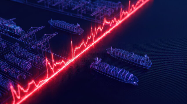 Global trade impact shown with digital cargo ship and port illustration with tariff wars concept in red glowing line chart