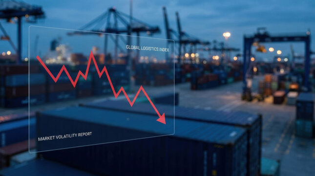 Global trade impact shown by tariff wars causing market volatility in logistics and shipping port at dusk