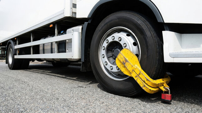 Truck wheel clamp lock security road tire vehicle transportation metal heavy industrial safety parking street closeup protection transport urban