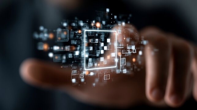 Executive manipulates a complex cube-shaped structure composed of floating digital nodes and data blocks to visualize intricate information systems.