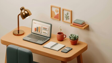 Naklejka premium Minimalist 3D workspace with laptop and desk lamp, modern home office interior, cozy creative studio setup with business data charts