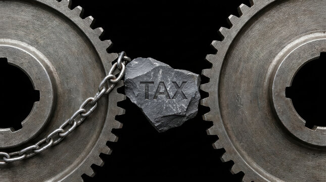 Tax concept with metal gears and stone rock chained between them symbolizing global trade tariff wars impact on economy