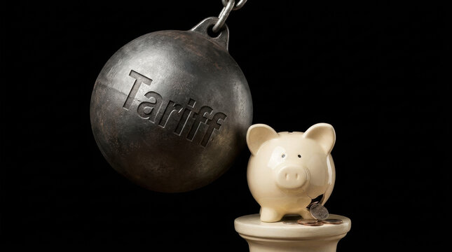 Heavy metal wrecking ball with tariff text threatens piggy bank with coins on black background symbolizing global trade wars impact on economy