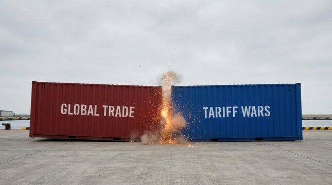 Global trade and tariff wars impact shipping and logistics with containers and explosive conflict on industrial dock area