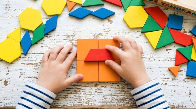 Child hands playing with colorful wooden geometric shapes on a rustic white wooden table top view photo